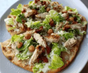 Close-up of delicious Chicken Caesar Flatbread with grilled chicken, fresh romaine lettuce, grated Parmesan cheese, and Caesar dressing on a crispy flatbread slice.
