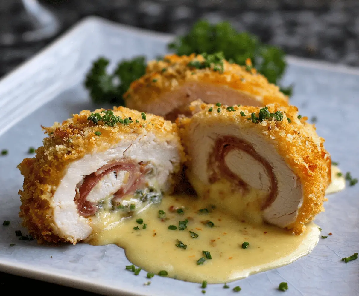 Delicious homemade Chicken Cordon Bleu with golden breaded coating, melted cheese, and ham filling served on a plate