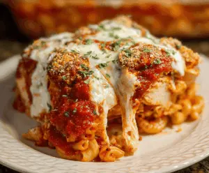 Delicious Chicken Parmesan casserole topped with melted cheese and crispy breadcrumbs