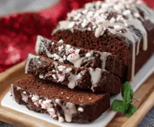 Delicious Chocolate Peppermint Bread with swirls of chocolate and peppermint, topped with crushed peppermint candies for a festive holiday treat.