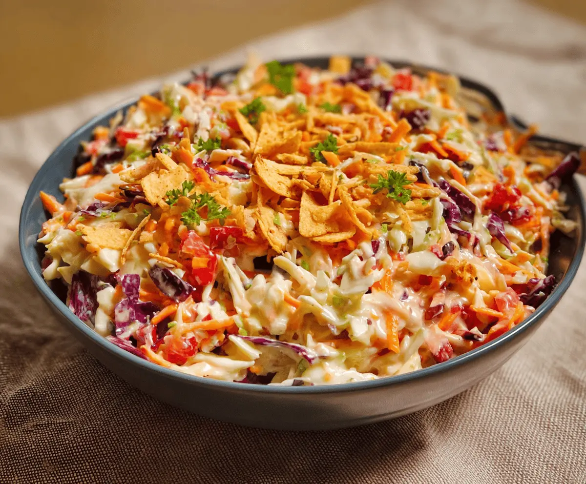 Creamy Cowboy Coleslaw featuring shredded cabbage, carrots, and smoky BBQ seasoning, perfect as a refreshing side dish for summer cookouts