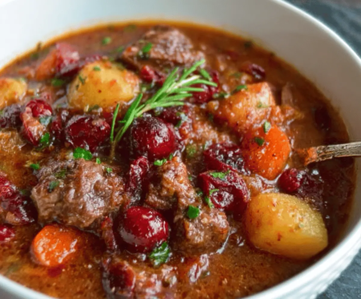 Hearty Cranberry Apple Beef Stew with tender beef chunks, fresh cranberries, sliced apples, and vegetables in a rich broth, perfect for cozy meals.