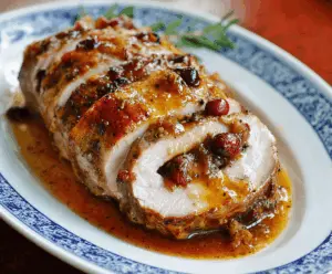 Juicy cranberry apple pork loin roast served with fresh cranberries and sliced apples on a rustic platter