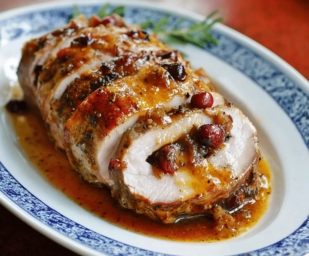 Juicy cranberry apple pork loin roast served with fresh cranberries and sliced apples on a rustic platter