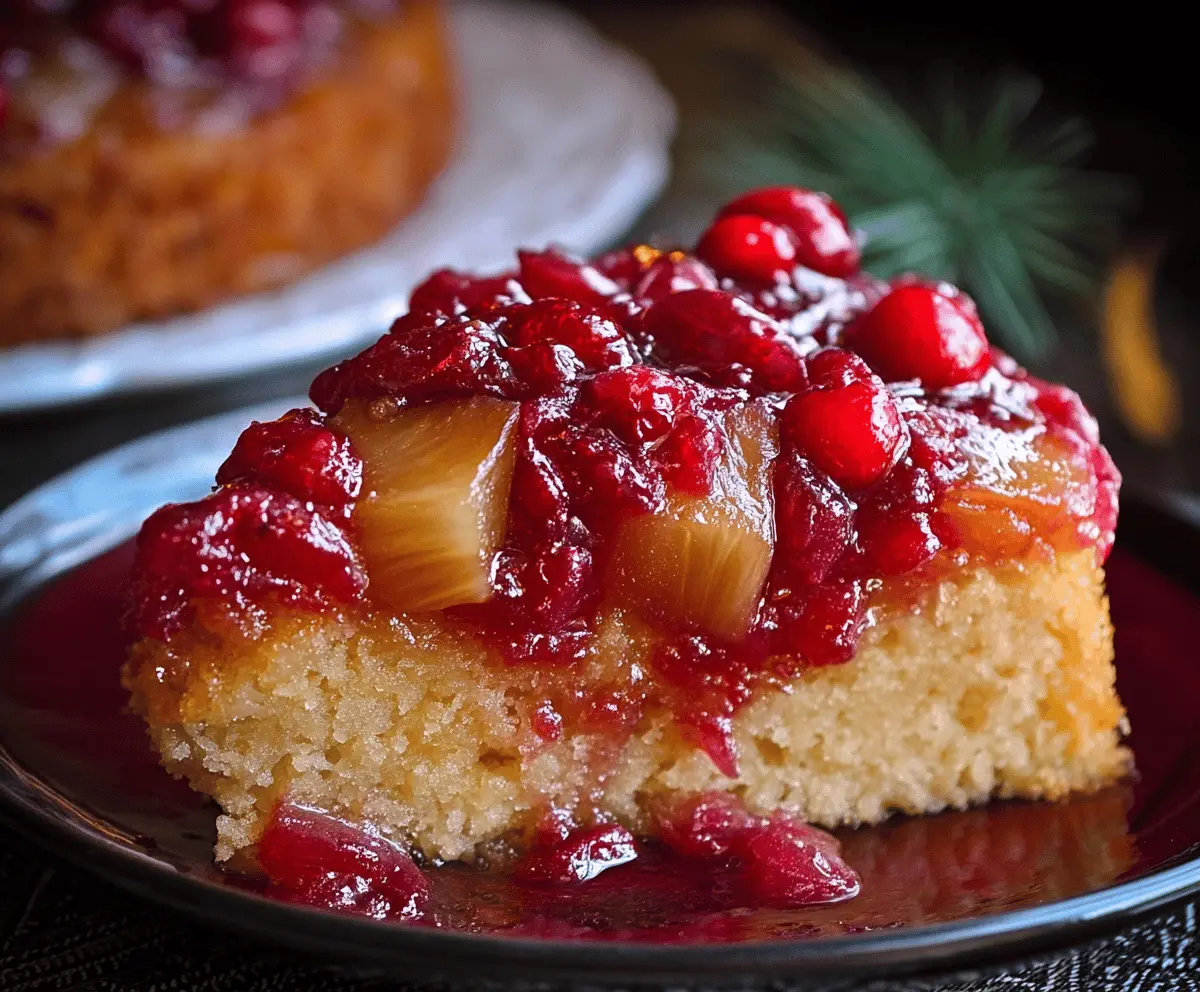 Delicious Cranberry Pineapple Upside Down Cake topped with fresh cranberries and pineapple slices, ready to serve.