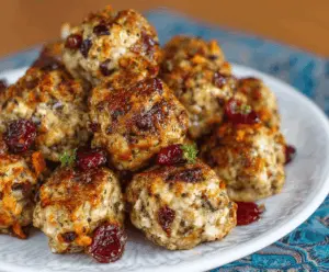 Delicious cranberry turkey stuffing balls served on a white plate, garnished with fresh herbs, perfect for holiday meals.