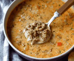 Creamy cauliflower and ground beef soup in a bowl garnished with fresh herbs, showcasing a hearty and delicious comfort food option