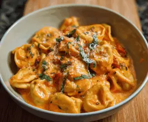Creamy tomato tortellini served in a bowl with fresh basil and grated Parmesan cheese, showcasing a delicious and savory pasta dish