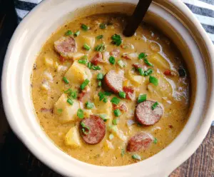Creamy Crockpot Cajun Sausage and Potato Soup with smoked sausage, potatoes, and vibrant Cajun spices in a bowl