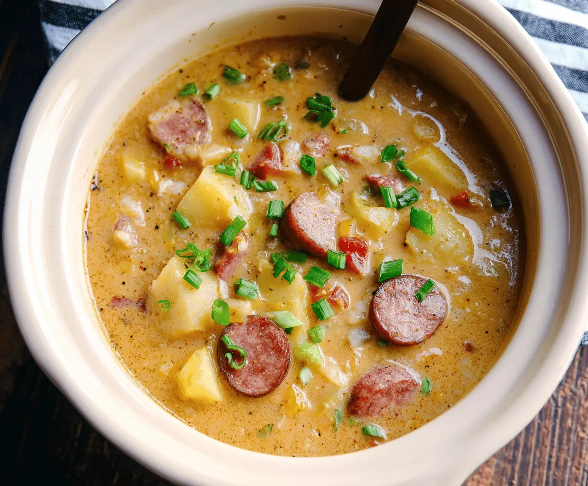 Creamy Crockpot Cajun Sausage and Potato Soup with smoked sausage, potatoes, and vibrant Cajun spices in a bowl