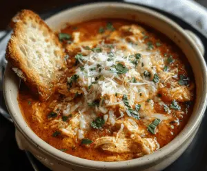 Creamy Crockpot Chicken Parmesan Soup with melted cheese, tender chicken, and fresh basil served in a bowl