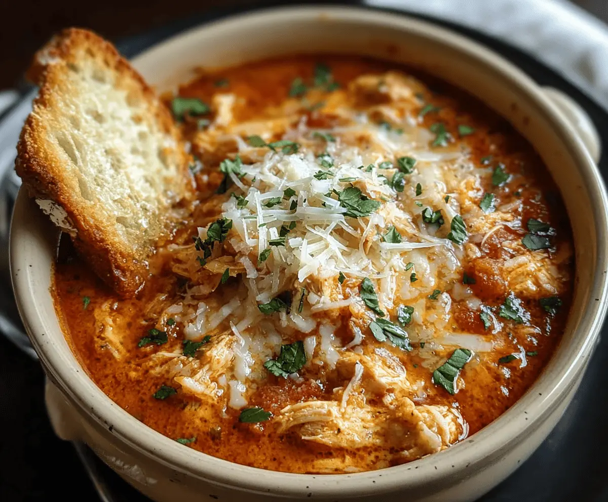 Creamy Crockpot Chicken Parmesan Soup with melted cheese, tender chicken, and fresh basil served in a bowl