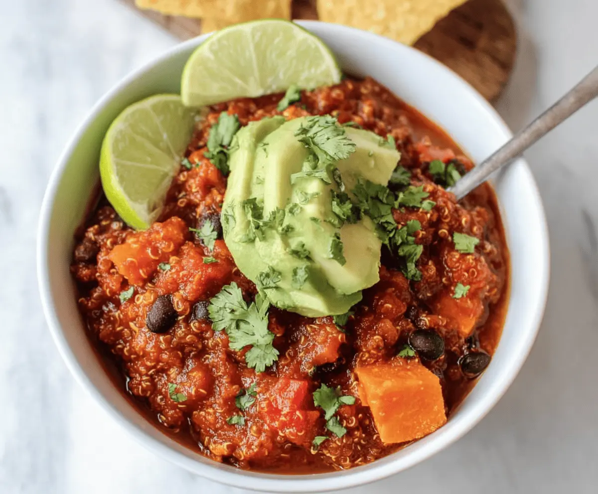 Hearty Crockpot Sweet Potato & Black Bean Quinoa Chili in a bowl with fresh herbs
