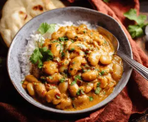 A bowl of creamy curried butter beans garnished with fresh herbs, served with naan bread on a rustic wooden table.