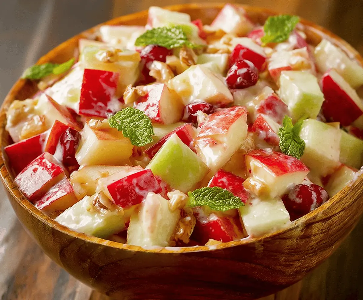 Fresh and colorful apple fruit salad with sliced apples, berries, and citrus segments on a white plate, perfect for healthy snacking and summer gatherings.