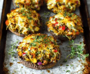 Fresh stuffed Portobello mushrooms topped with colorful autumn vegetables and herbs, perfect for a seasonal harvest meal.