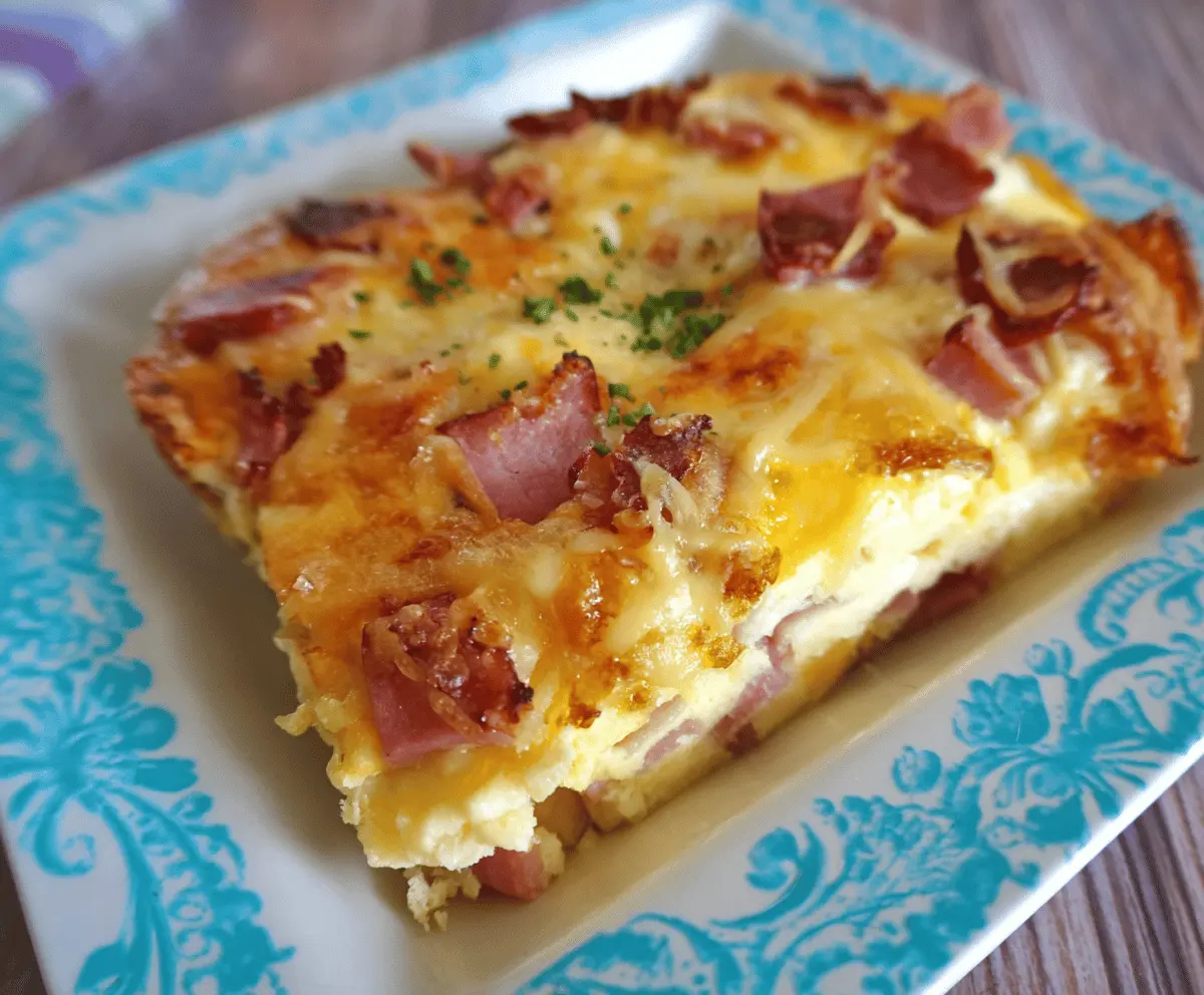 Delicious and easy ham, egg, and cheese casserole served in a baking dish, perfect for breakfast or brunch.