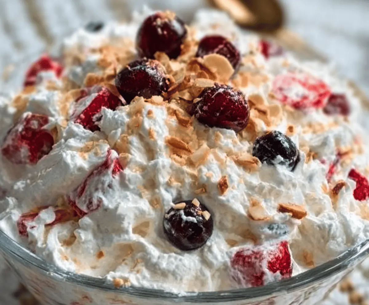 Creamy holiday cheesecake salad with fresh fruit and crushed graham crackers in a glass bowl