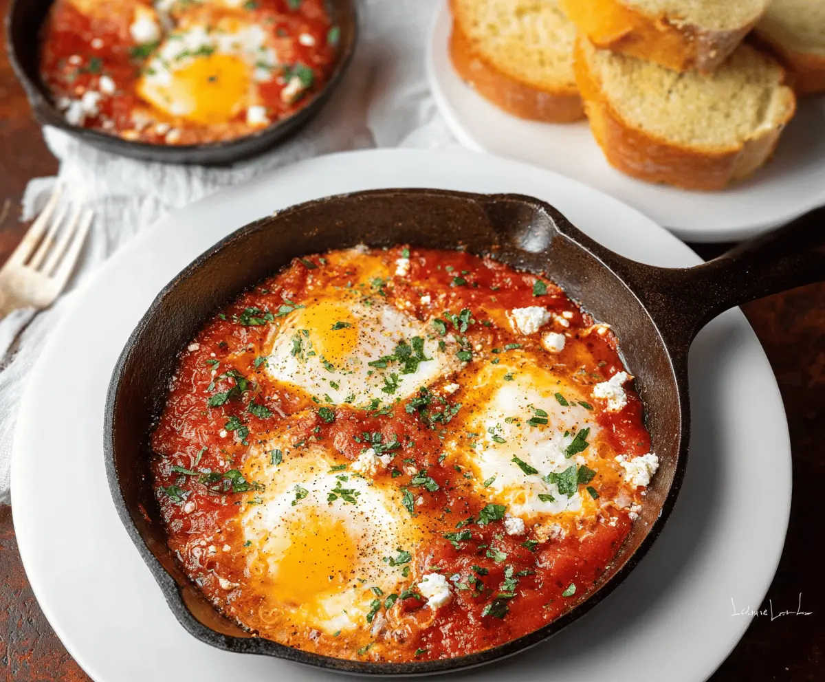 Spicy Eggs in Purgatory served in a skillet with tomato sauce, topped with fresh herbs and garnished with crusty bread