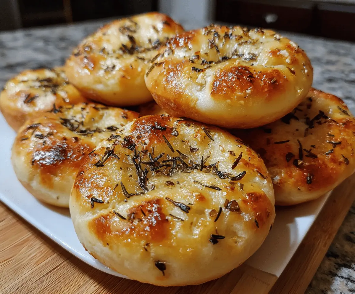 Golden crust garlic rosemary focaccia muffins with crispy edges and fresh herbs, perfect for snacking or serving as a flavorful appetizer.