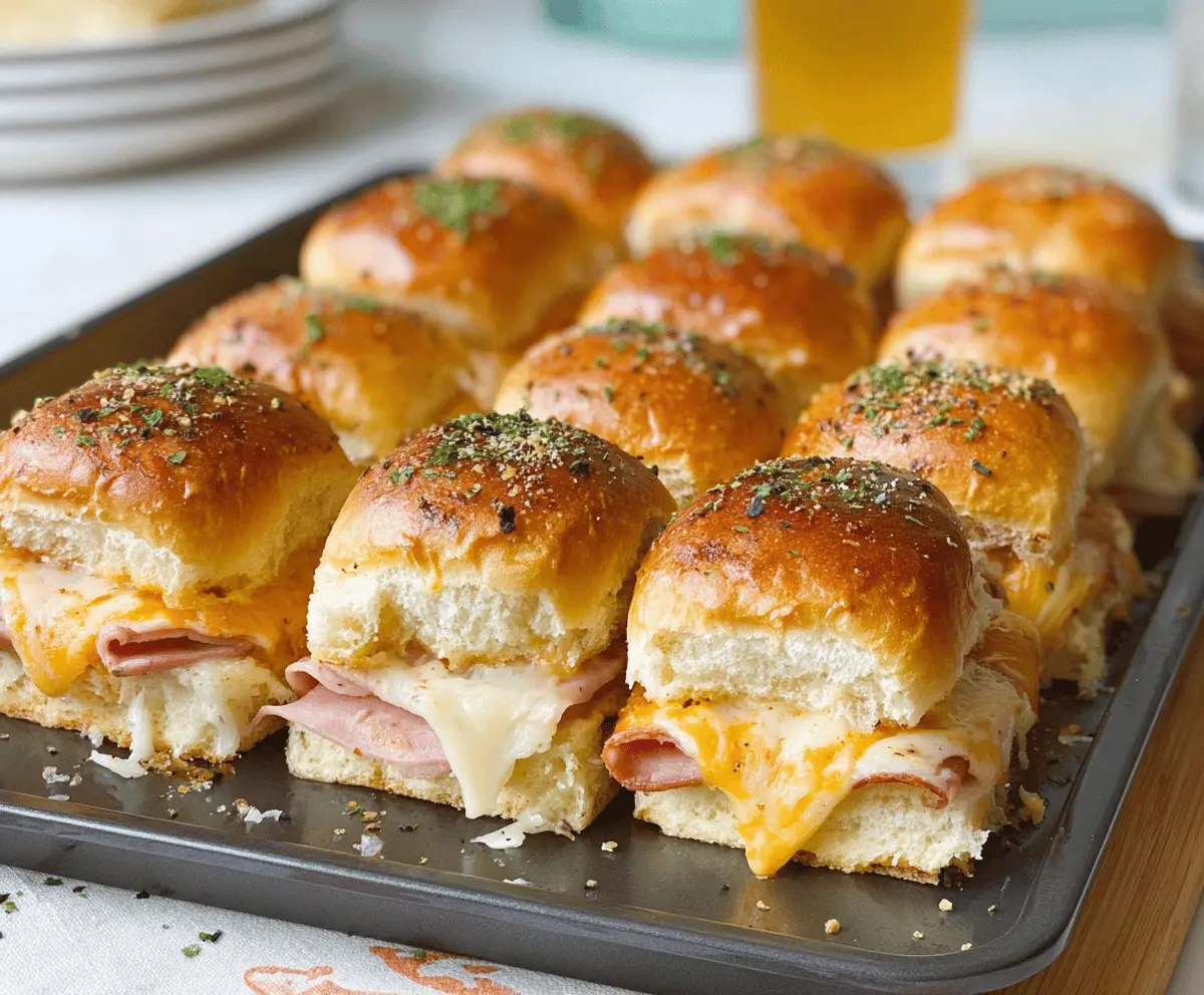 Delicious ham and cheese sliders perfect for game day, featuring toasted buns, melted cheese, and savory ham slices