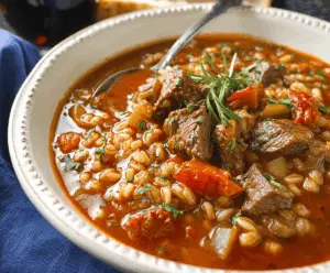 A steaming bowl of hearty beef barley stew with tender beef chunks, colorful vegetables, and fluffy barley, garnished with fresh herbs, served in a rustic bowl.