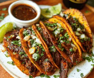 Delicious homemade birria tacos with tender meat and crispy tortilla, perfect for a flavorful meal.