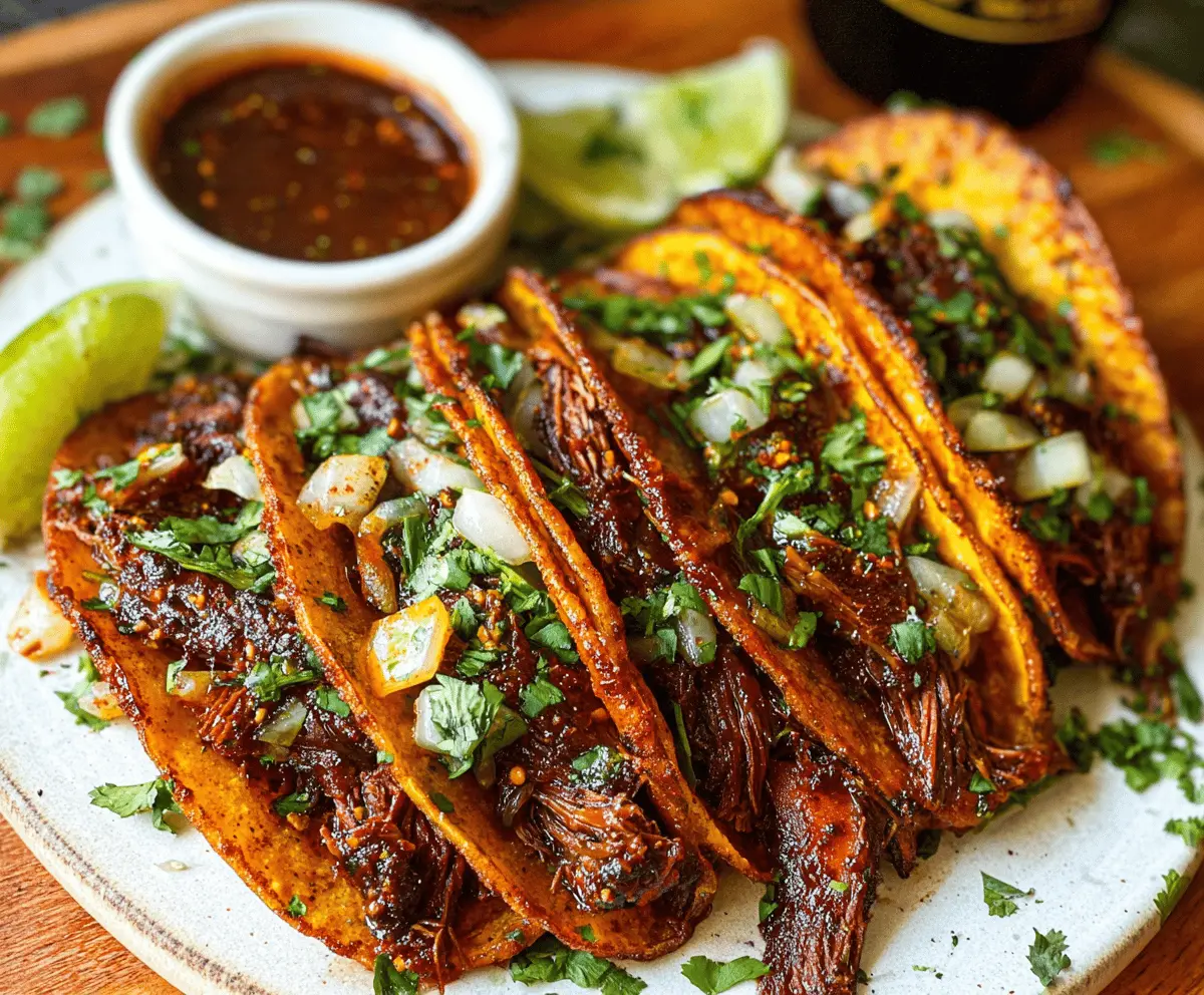 Delicious homemade birria tacos with tender meat and crispy tortilla, perfect for a flavorful meal.