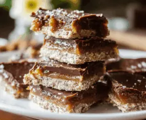 Homemade Date Twix Bars with caramel, cookie base, and chocolate coating on a white plate