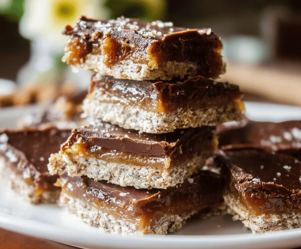 Homemade Date Twix Bars with caramel, cookie base, and chocolate coating on a white plate