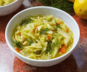 A steaming bowl of Lemon Dill Cabbage Soup garnished with fresh dill and lemon slices, served in a rustic white bowl on a wooden table.