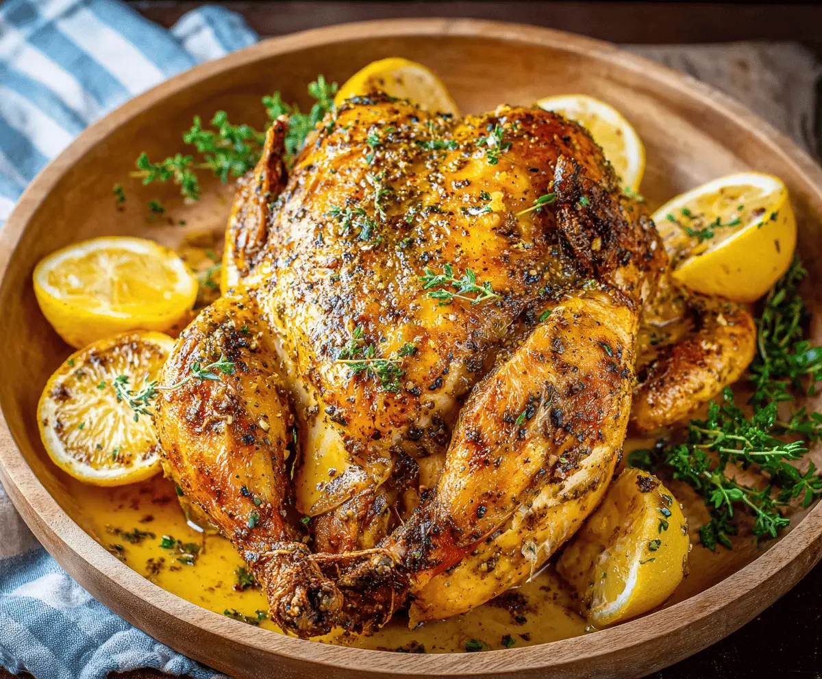 Juicy whole chicken seasoned with lemon-pepper and garlic, ready to roast for a flavorful meal