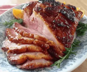 Juicy maple-glazed ham with a golden-brown exterior on a serving platter