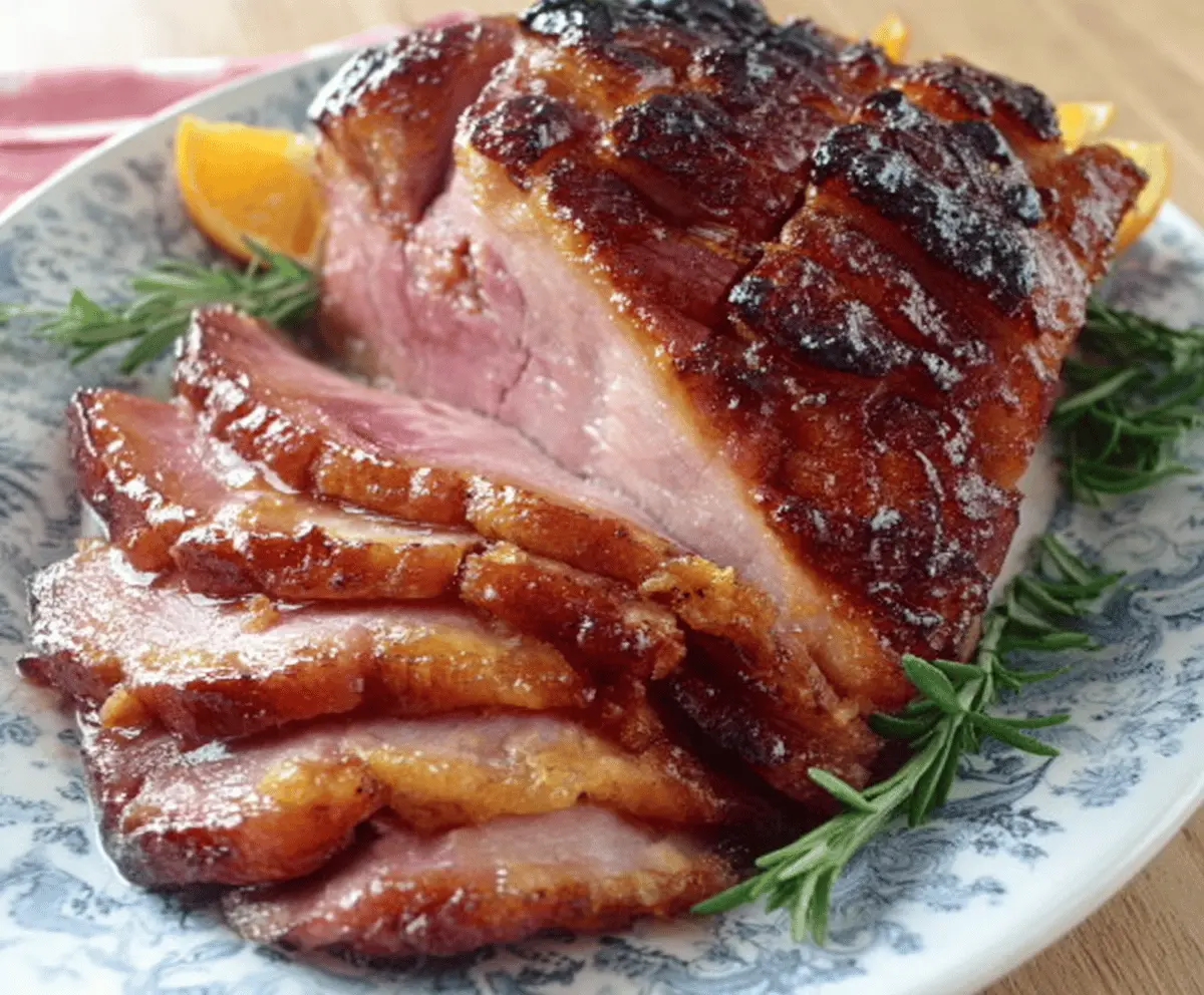 Juicy maple-glazed ham with a golden-brown exterior on a serving platter