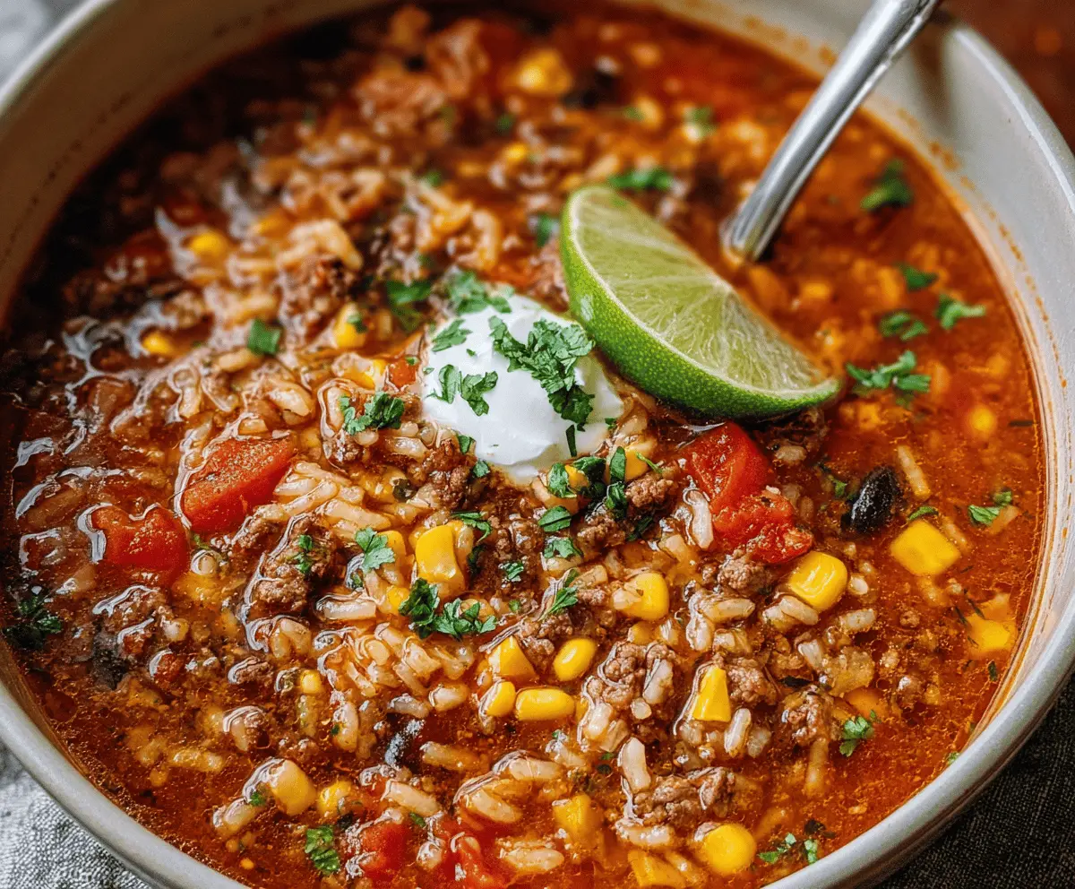 Hearty Mexican Beef and Rice Soup in a bowl with fresh cilantro and lime wedges, served with tortilla chips