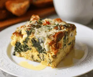 Delicious overnight breakfast strata with fresh spinach and melted cheese in a baking dish, perfect for a hearty morning meal.