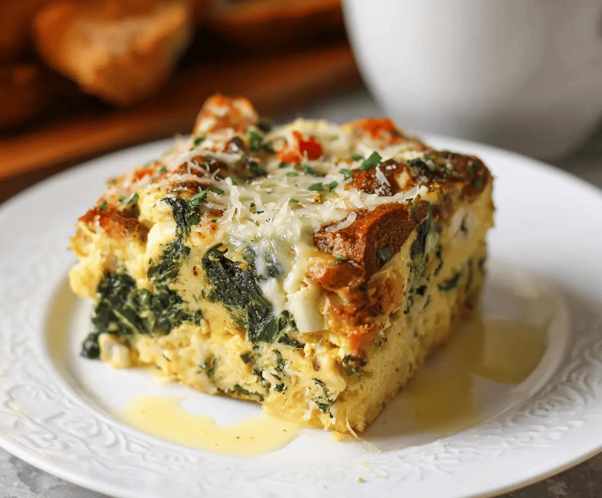 Delicious overnight breakfast strata with fresh spinach and melted cheese in a baking dish, perfect for a hearty morning meal.