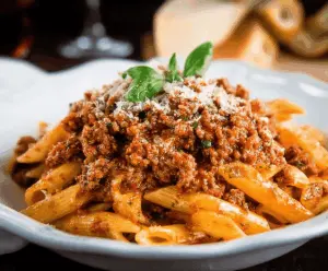 Plate of homemade Pasta Bolognese with rich meat sauce, garnished with fresh herbs, showcasing a classic Italian dish