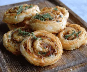 Golden, flaky prosciutto puff pastry pinwheels filled with savory ingredients, perfect for appetizers or snacks