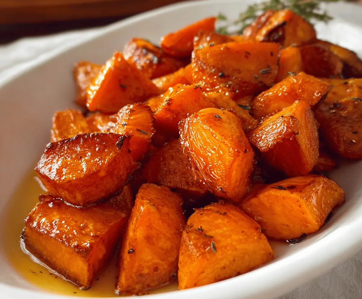 Delicious quick and easy honey roasted sweet potatoes on a serving plate, golden brown and caramelized.