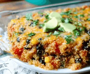 Delicious quinoa and black bean casserole topped with melted cheese and fresh herbs, served in a baking dish for a healthy vegetarian meal.