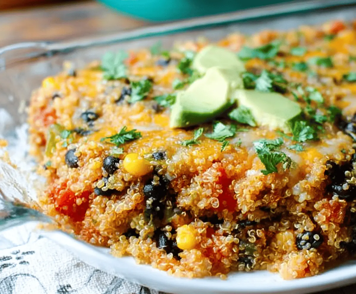 Delicious quinoa and black bean casserole topped with melted cheese and fresh herbs, served in a baking dish for a healthy vegetarian meal.