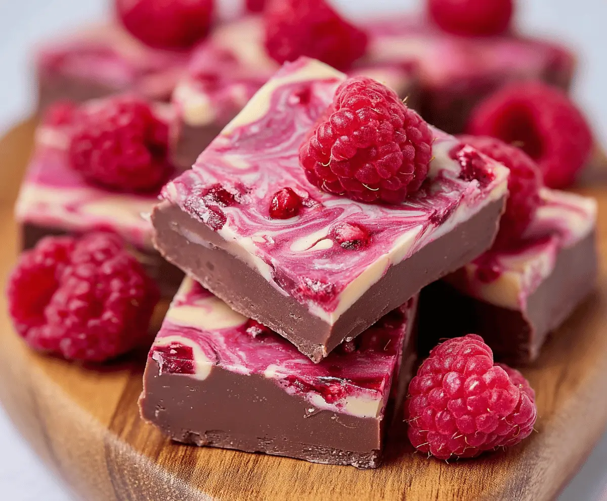 Creamy raspberry swirl fudge topped with fresh raspberries and a smooth, swirled raspberry design on a white plate.
