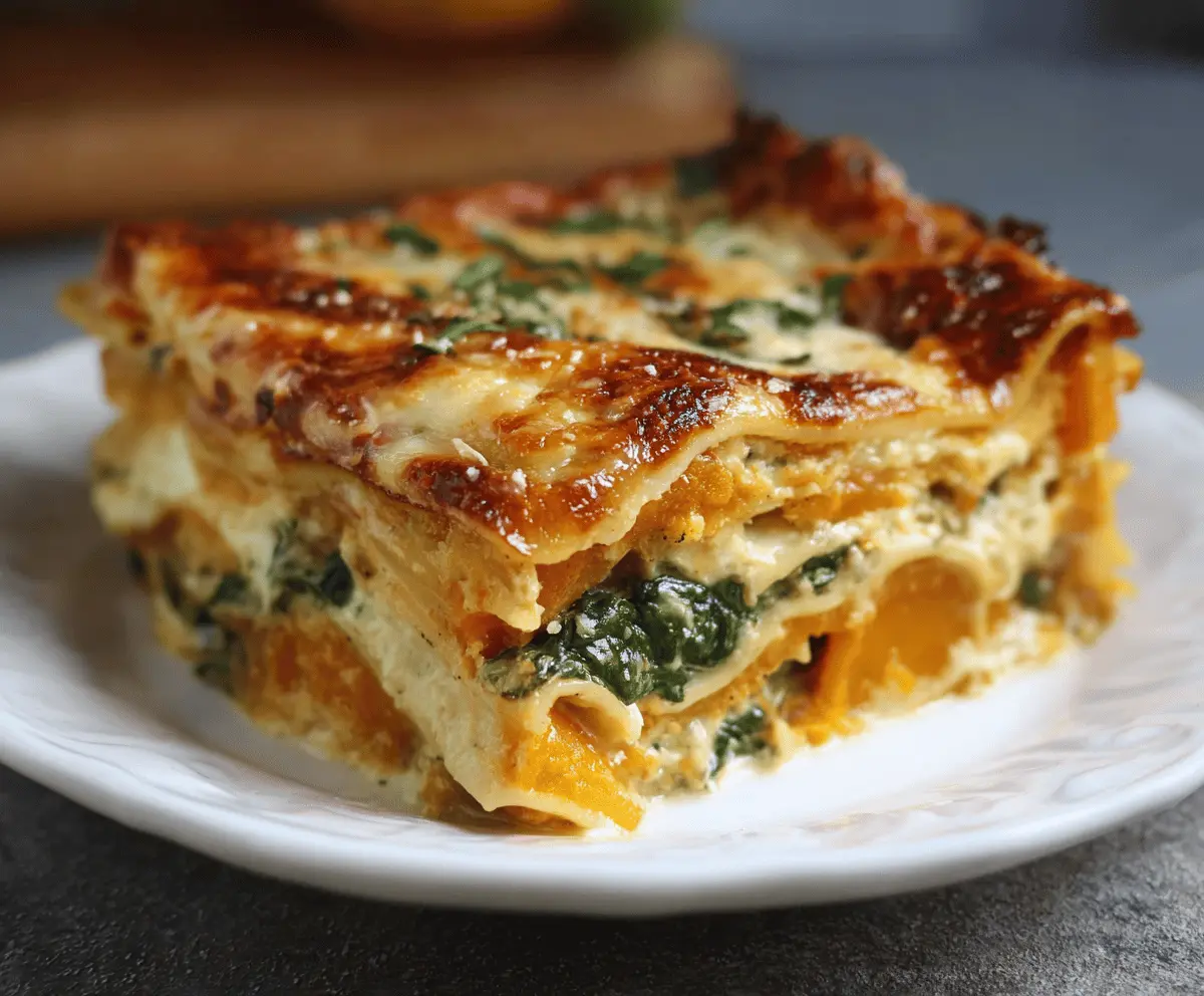 Delicious roasted butternut squash and spinach lasagna layered with melted cheese, served on a white plate, perfect for a comforting vegetarian meal