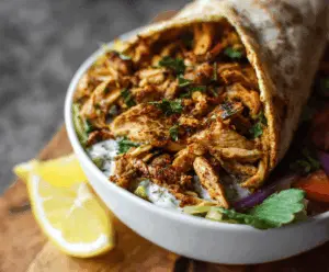 Delicious slow cooker chicken shawarma served with fresh vegetables and pita bread.
