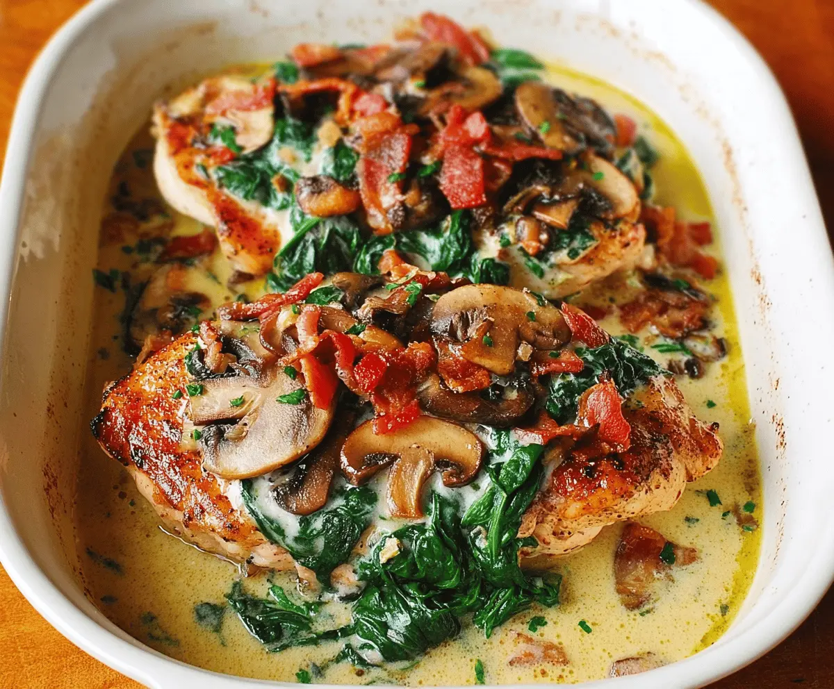 Smothered Chicken with Creamed Spinach, Bacon, and Mushrooms