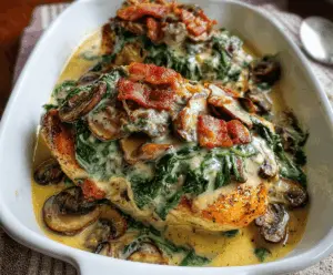 Creamed spinach, crispy bacon, and sautéed mushrooms served over tender smothered chicken in a delicious, flavorful recipe