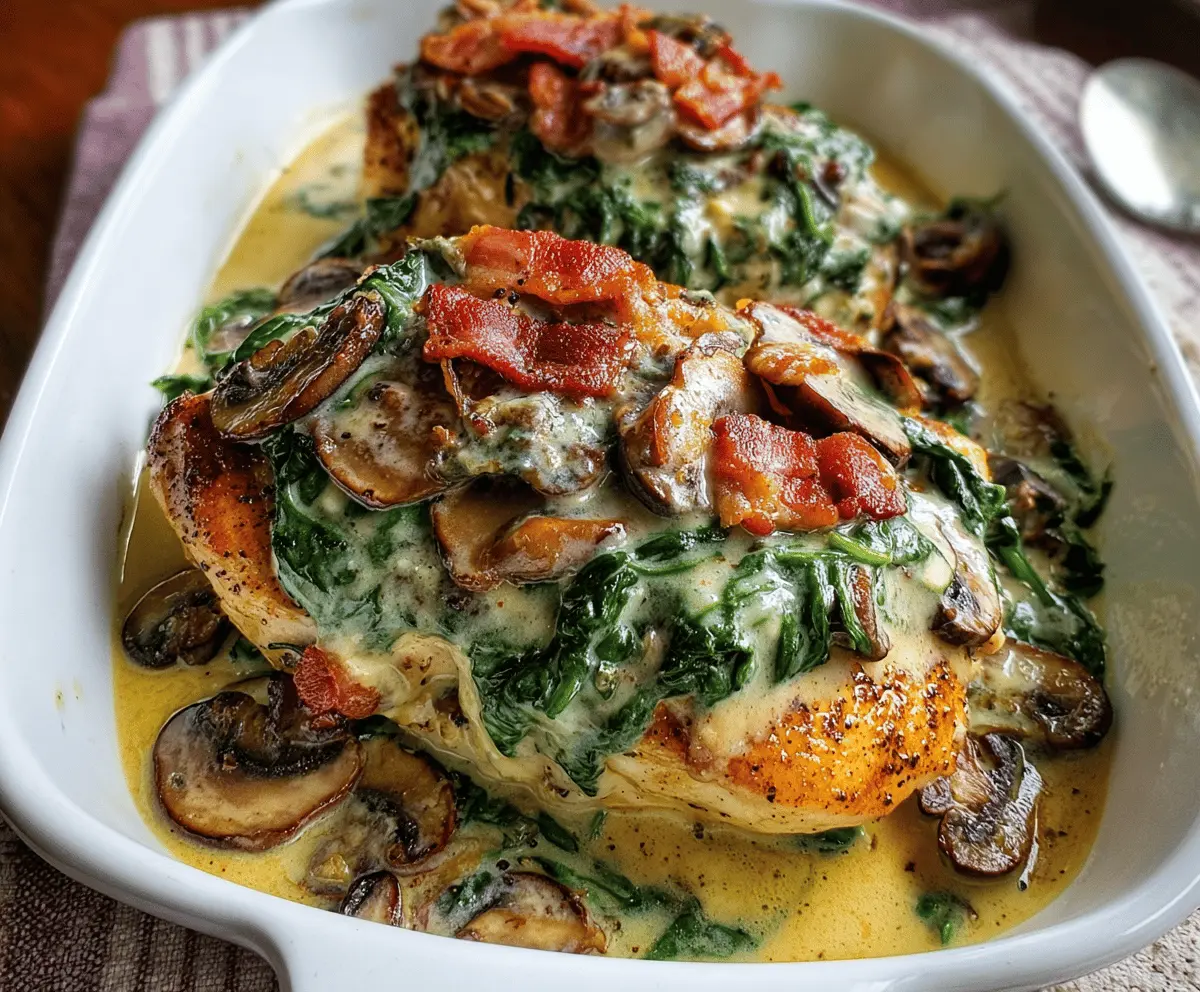 Creamed spinach, crispy bacon, and sautéed mushrooms served over tender smothered chicken in a delicious, flavorful recipe