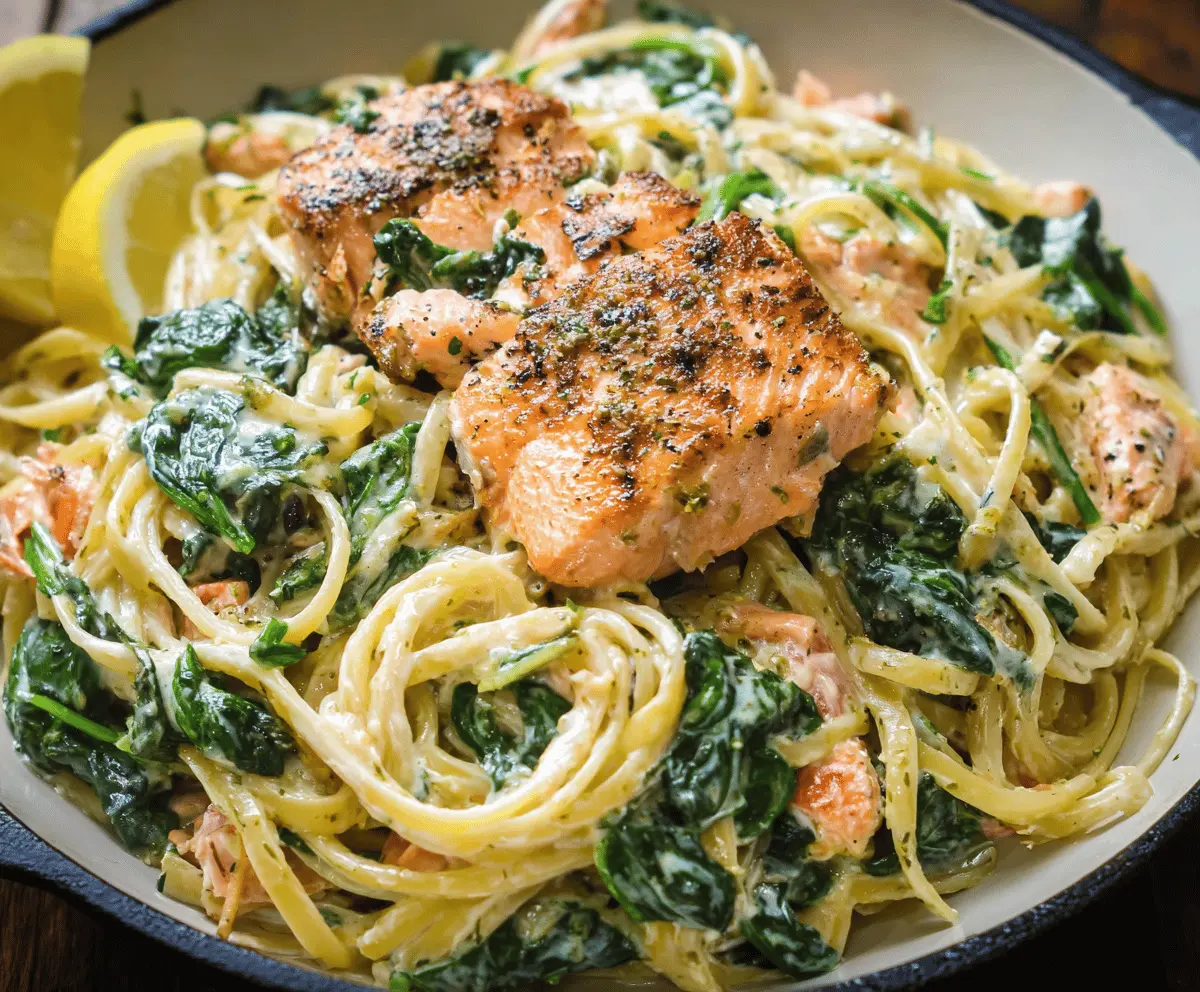 Creamy spinach and salmon pasta dish topped with fresh herbs, featuring tender pasta, flaky salmon, and vibrant spinach in a savory sauce.