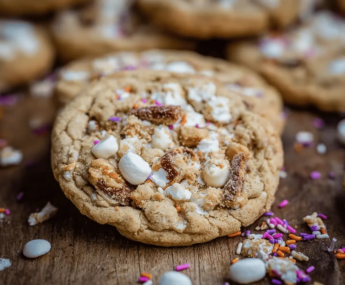 Delicious White Trash Cookies featuring a mix of pretzels, popcorn, and colorful candies on a plate, perfect for snacking